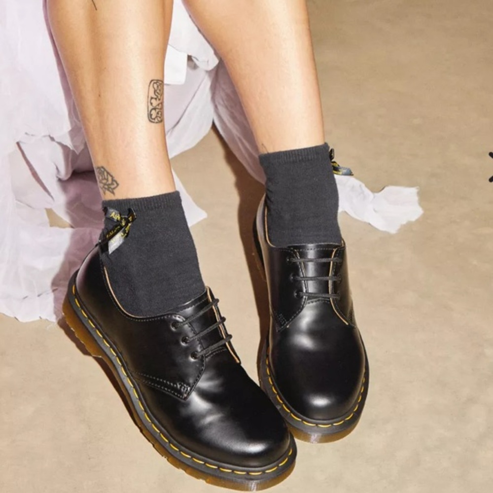 Dr. Martens Black Leather 3-Eye Oxford Shoes with Yellow Stitching